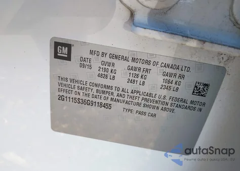 2016 Chevrolet Impala 2Lt z USA, uszkodzony, nr VIN 2G1115S36G9118455